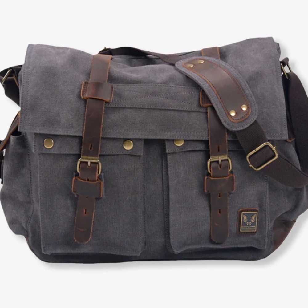 Gray Canvas Messenger Bag with Brown Accents
